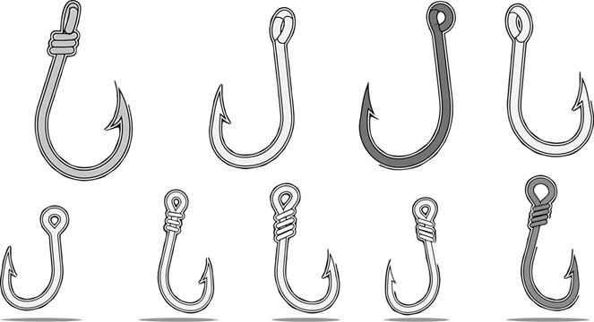 A diverse vector collection showcasing various types of sharp fishing hooks, ideal for angling enthusiasts, outdoor sports, and essential bait and tackle gear illustrations