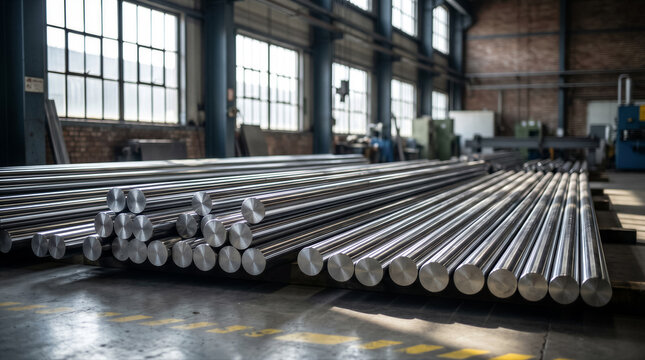 Industrial warehouse interior with a large stack of polished metal steel rods or pipes stored on the concrete floor for manufacturing