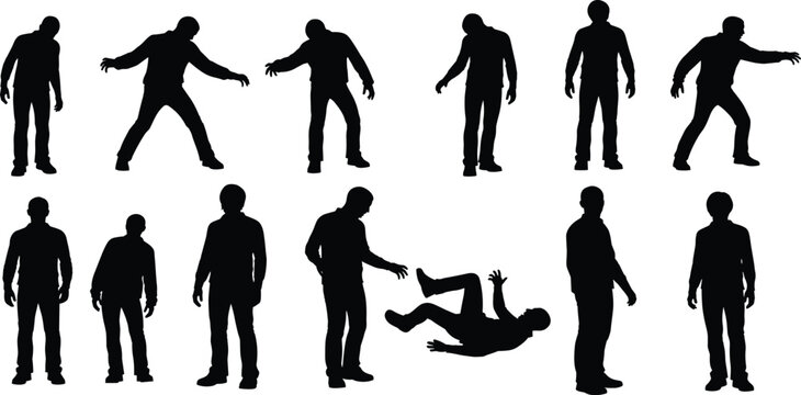 A diverse vector illustration featuring black silhouettes of a business team, a running sport group, and a dancing couple alongside figures of a man, woman, and child representing human evolution and 