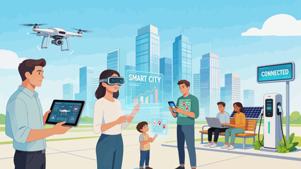 People using tech in smart city © Phoenix