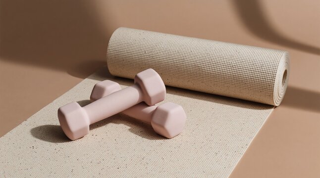 Wellness and fitness lifestyle dumbbells and yoga mat for exercise healthy living home workout weight training