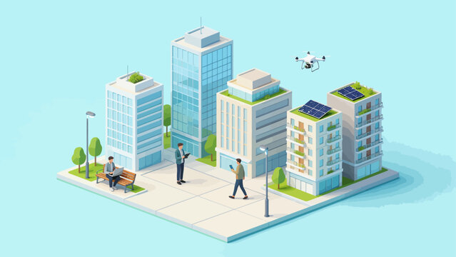 Futuristic cityscape with people and drone