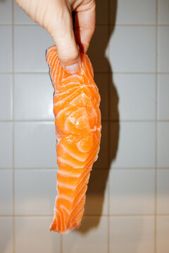 Fresh Salmon Fillet Held Against Tiled Wall