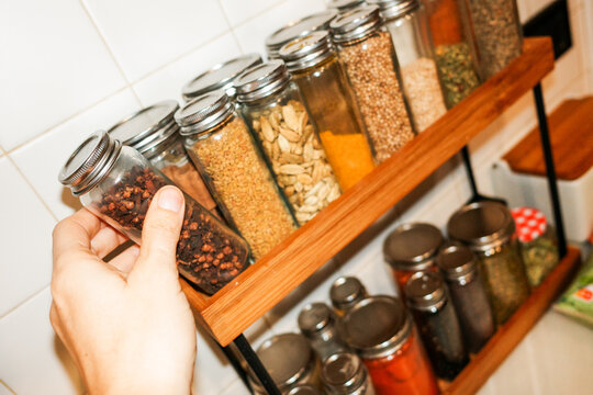 Organized Spice Jars Kitchen Shelf. Flash food