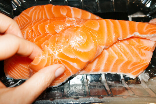 Salmon Being Handled in a Kitchen. Flash food