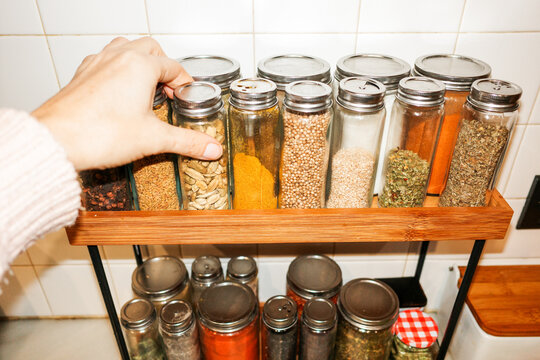 Organized Spice Jars Kitchen Shelf. Flash food