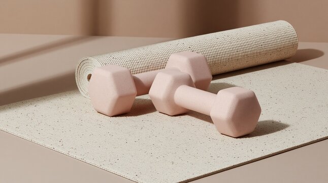Wellness and fitness lifestyle dumbbells and yoga mat on beige background promoting healthy habits and exercise