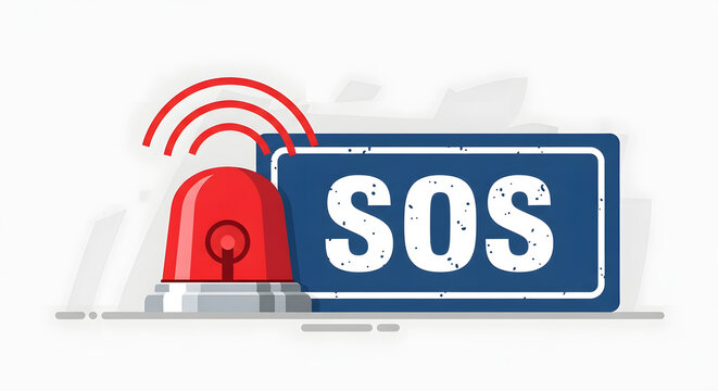 SOS emergency sign with red alarm light and signal waves. Generated AI illustration