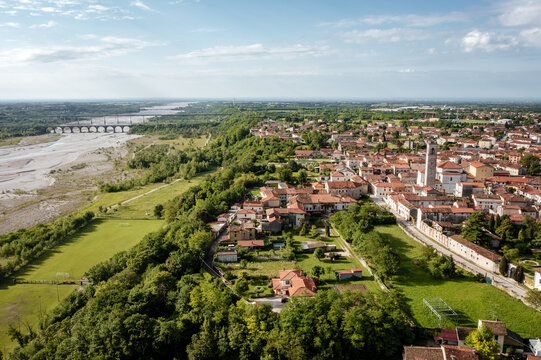 Drone view of a town in Friuli Venezia Giulia, Italy