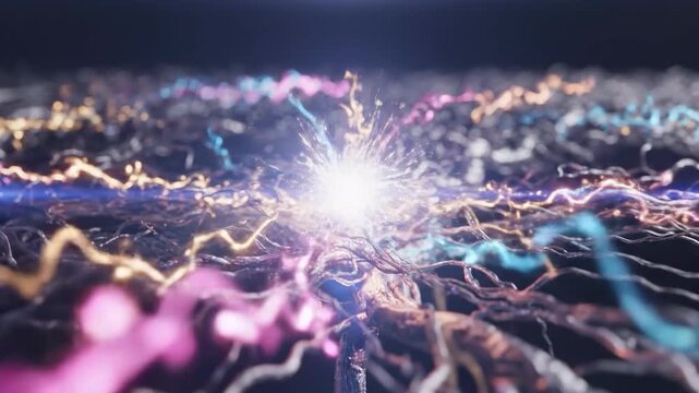 A glowing blue electric current flows through a complex network of metallic pathways on a dark background, conveying energy and innovation.