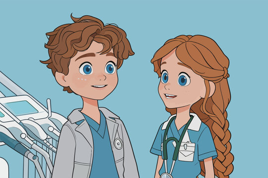 Two animated characters in a hospital setting talking about their day while wearing scrubs and smiling