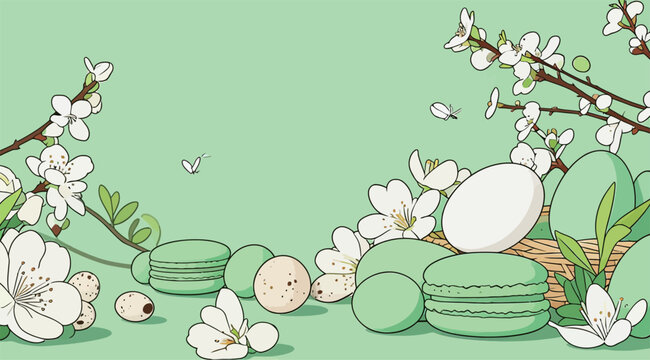 Spring themed dessert display with macarons and flowers on green background for celebration or event