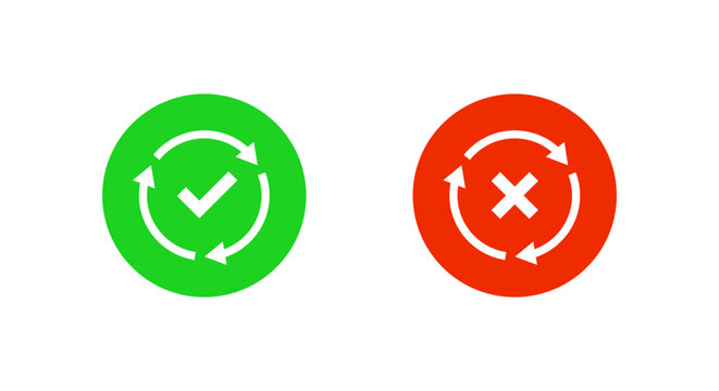 Refresh arrow with check and cross icon. Reload status symbol in green and red circle
