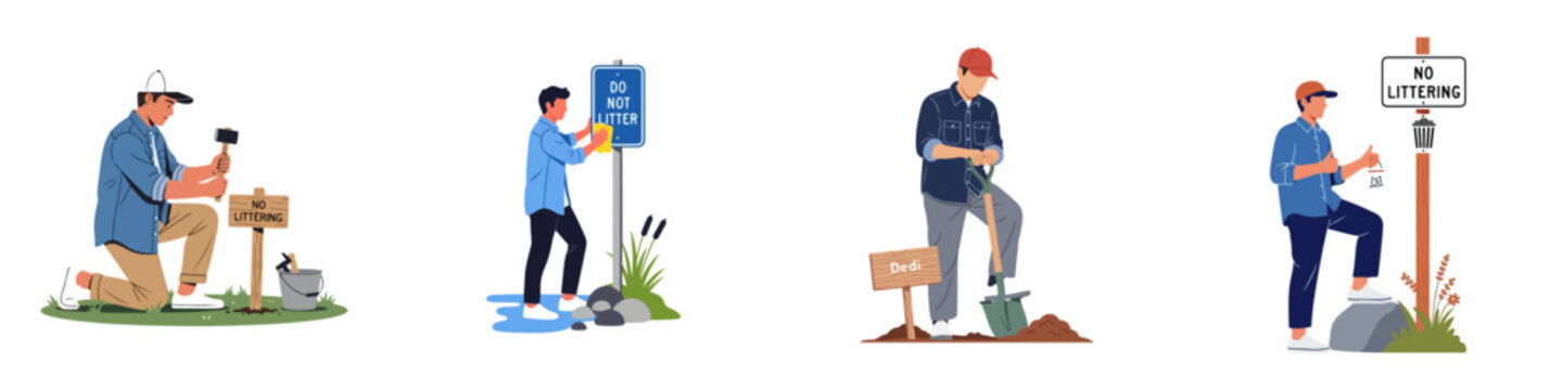 Set of illustrations featuring men installing "No Littering" signs and performing park maintenance, promoting environmental care and cleanliness.