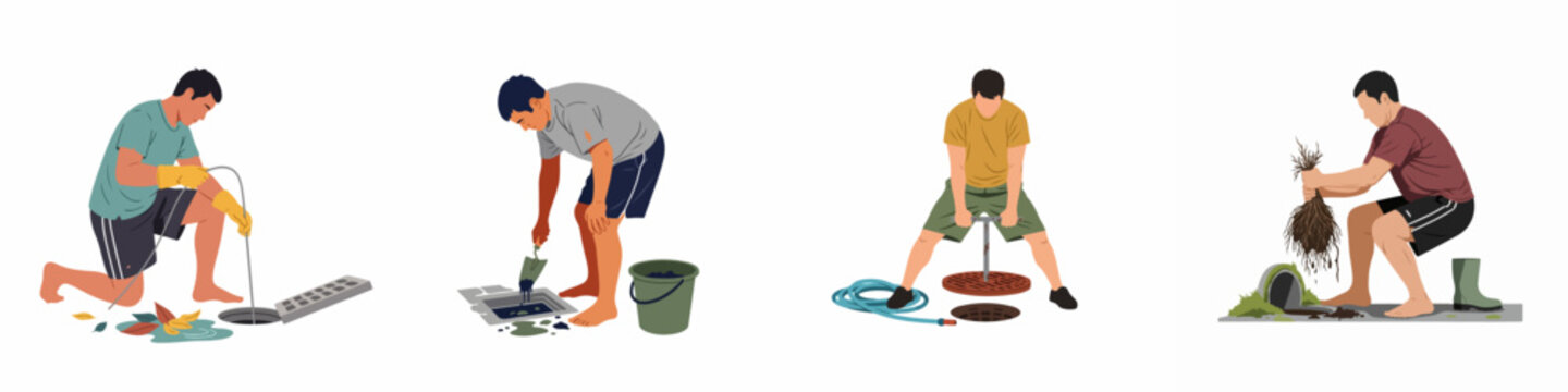 Four illustrations of men cleaning and maintaining drainage systems, unclogging pipes, removing debris, and opening sewer covers on a white background.