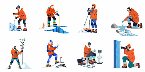 Set of arctic scientists and polar explorers performing various research activities like ice drilling, water sampling, and weather monitoring in extreme cold environments. © Sugik