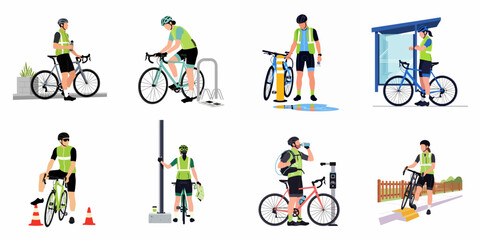 Fototapeta premium A collection of flat vector illustrations featuring diverse cyclists in high-visibility gear engaged in various urban commuting and cycling activities.