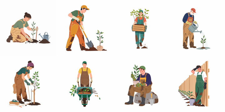 Illustration set of diverse people gardening, planting trees, watering plants, and doing landscaping work, isolated on a white background.