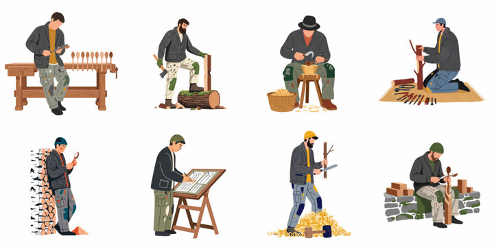 Set of illustrations featuring male woodworkers and woodcarvers engaged in various traditional woodworking and spoon carving activities isolated on white background.