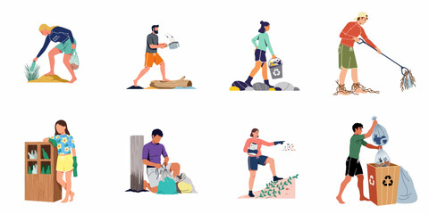 Fototapeta premium Set of diverse people volunteering for beach cleanup and waste management to protect the environment and ocean from plastic pollution.