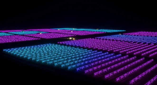 A futuristic drone view of an expansive solar farm at night, with glowing neon blue and purple highlights along the geometric panel edges, solar, digital, panels