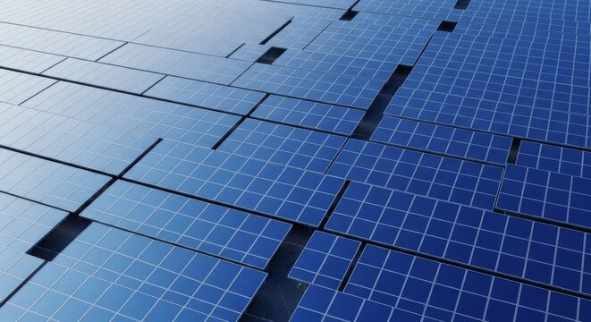 A high-angle aerial perspective reveals a vast array of sleek solar panels arranged in a precise, geometric architectural grid structure, grid, drone, clean