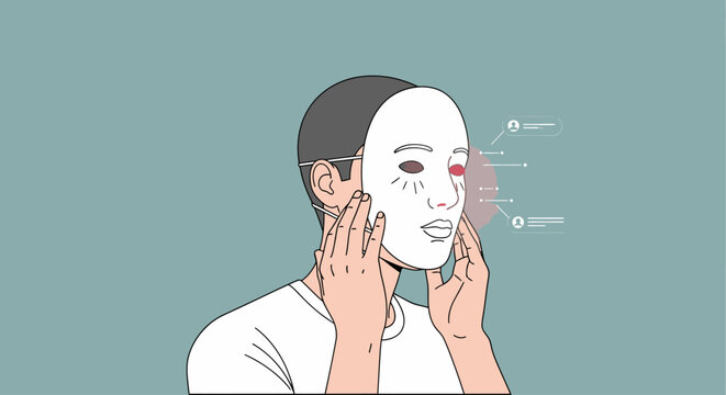 Illustration of a person applying a facial mask with labeled features on a teal background.