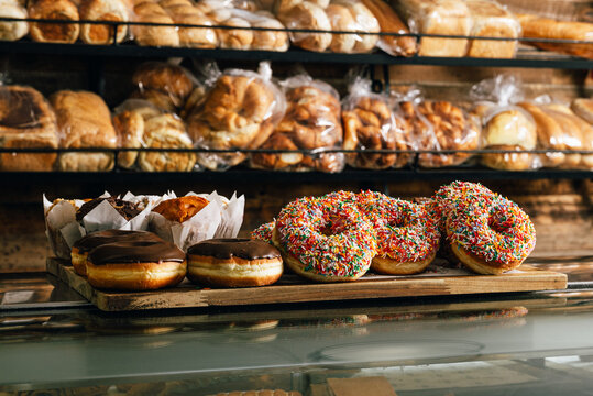 Donuts and muffins in a bakery