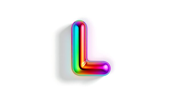 A minimalist three-dimensional uppercase letter L shines with a brilliant rainbow spectrum on a pristine white surface, casting a subtle shadow.