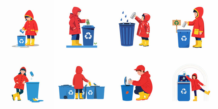Set of illustrations featuring children in red raincoats recycling aluminum cans into blue bins to promote environmental awareness and sustainable habits.