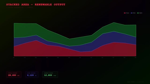 An advanced Energy Consumption Dashboard reveals evolving renewable power metrics through an elegant animation of shifting stacked area graphs on a sleek dark futuristic interface