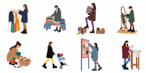 Fototapeta premium Illustration set of women participating in a community clothing swap event, focusing on sustainable fashion, sorting, donating, and second-hand shopping.