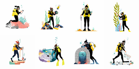 Set of professional scuba divers performing underwater scientific research, marine biology studies, and environmental monitoring in diverse ocean ecosystems, vector illustration. © Sugik