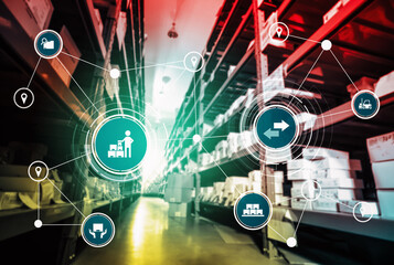 Fototapeta premium Smart warehouse management system with innovative internet of things technology to identify package picking and delivery . Future concept of supply chain and logistic network business .