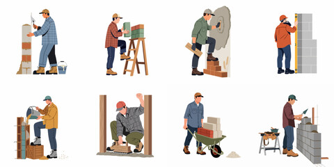 Fototapeta premium Set of flat illustrations depicting professional construction workers and masons performing various building tasks like bricklaying, plastering, and leveling walls.