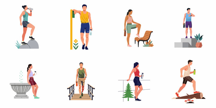 Collection of flat vector illustrations featuring diverse men and women in sportswear exercising outdoors, jogging, hiking, and staying hydrated with water bottles.