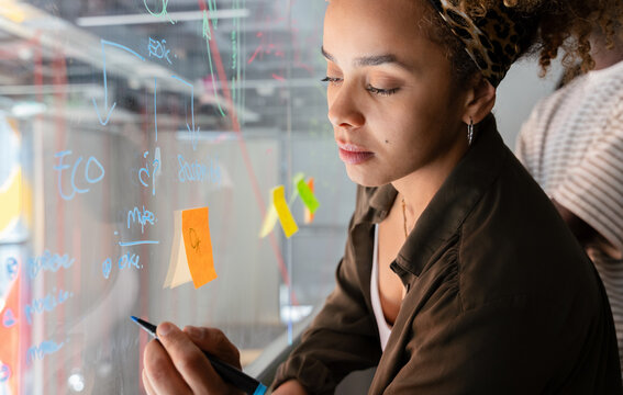 Focused woman writing brainstorm ideas on glass board