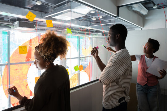Collaborative team brainstorming in modern office space