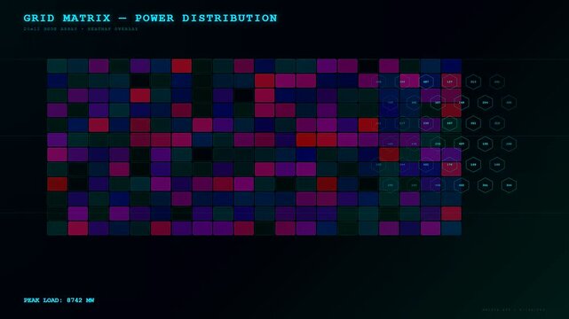 A futuristic energy consumption dashboard displays dynamic power distribution data through a shimmering grid of neon chromatic cells illustrating complex electrical load fluctuations in real time