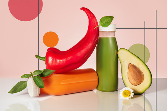 Healthy Vegetable Drinks on a Table With Colorful Background