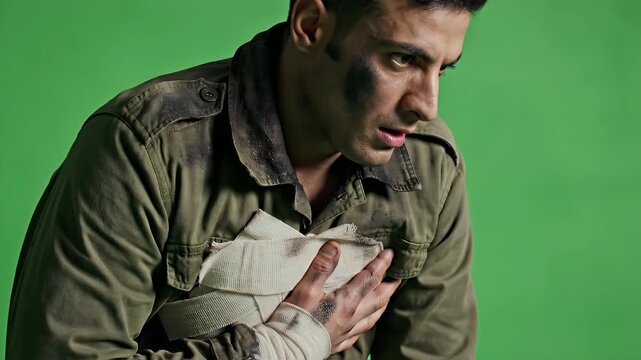 Tired Soldier Clutches Chest Green Screen Isolated Background