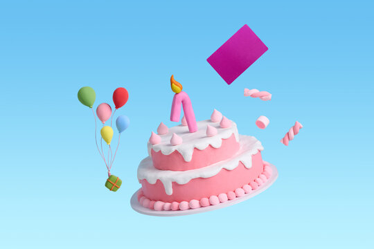 Whimsical clay birthday cake with balloons and credit card