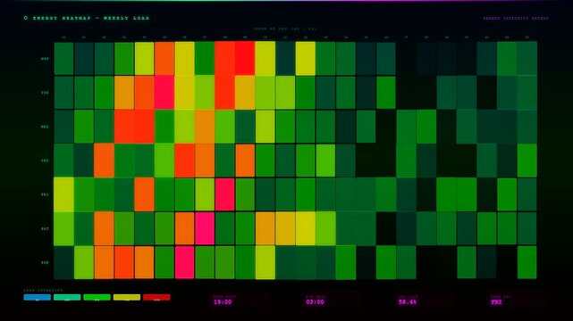 Visualizing critical metrics, an energy consumption dashboard dynamically tracks weekly load patterns, showcasing a detailed progression from low activity to peak usage on a modern, data-rich screen.