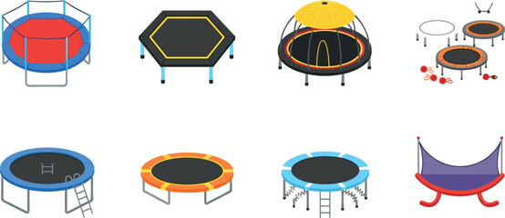 Collection of trampolines in different shapes and designs with safety nets for outdoor play fitness and kids recreation vector set © MdAbdul