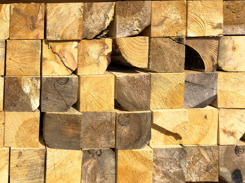 Stacked Square Cut Wooden Timbers and Wood Texture Background