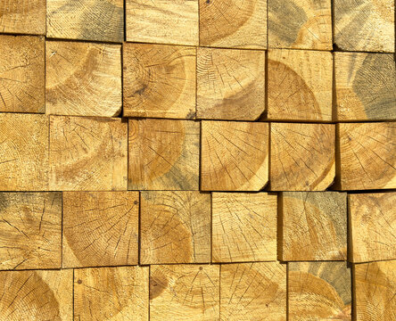 Stacked Square Cut Wooden Timbers and Wood Texture Background
