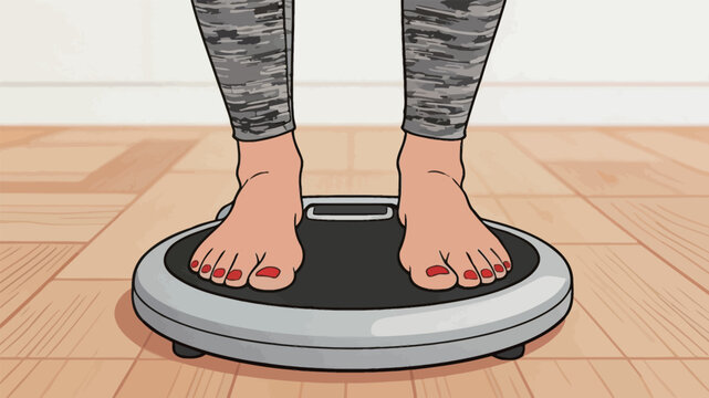 Woman standing on a weighing scale at home while barefoot during daytime