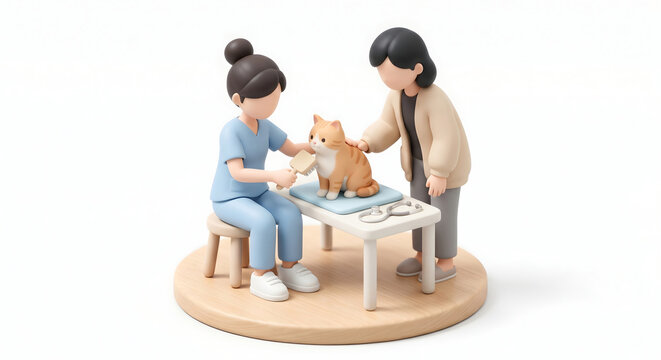 動物病院で猫の正しいブラッシング方法を飼い主に指導する獣医師の3Dイラスト
