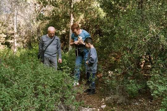 Family Looking At Mushrooms During Forest Nature Walk