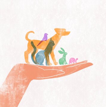 Pastel Silhouettes of Different Pets standing on human hand
